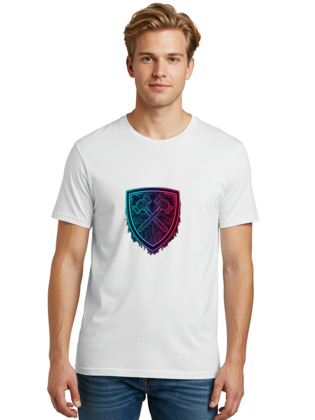 Crossed-Hammers-Shield Men'S Graphic Tee, 100% Cotton, Comfortable Casual Summer Wear, Machine Washable, Cyber Security Logo, Crossed Hammers Emblem, Shield Icon, Neon Lights, Futuristic Design, Tech Logo, Hammer And Shield Symbol, Bac938