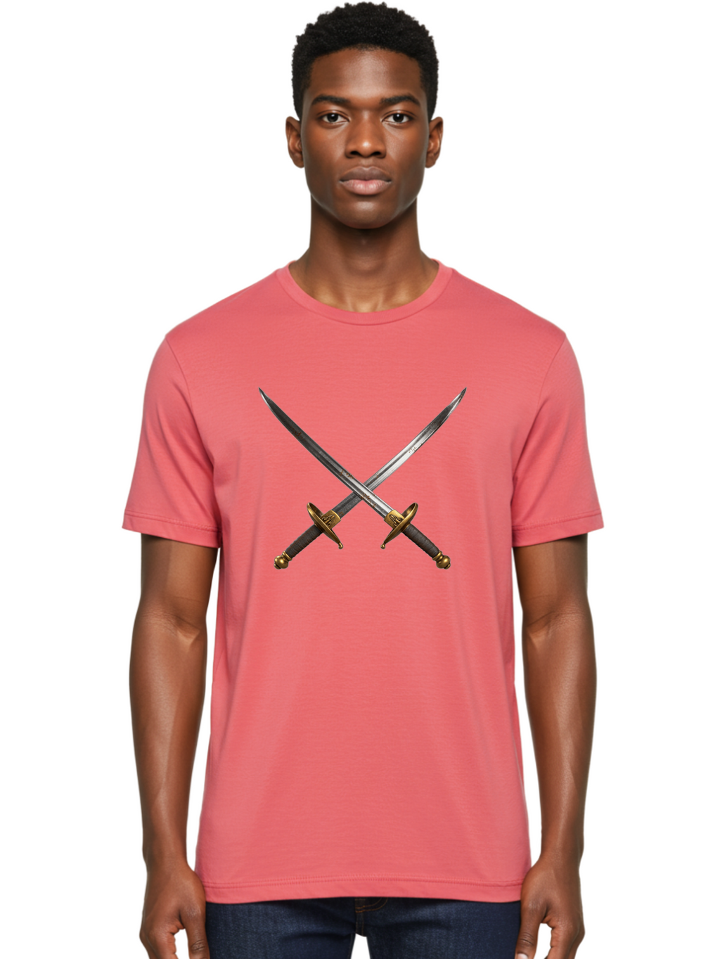 Crossed-Swords-1 Men'S Graphic Tee, 100% Cotton, Comfortable Casual Summer Wear, Machine Washable, Crossed Swords, Medieval Weapons, Sword Fight, Dueling Swords, Historical Blades, Battle Ready, Sharp Steel, Gold Hilts, Leather Grips Bac941