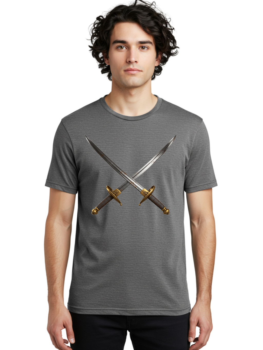 Crossed-Swords-1 Men'S Graphic Tee, 100% Cotton, Comfortable Casual Summer Wear, Machine Washable, Crossed Swords, Medieval Weapons, Sword Fight, Dueling Swords, Historical Blades, Battle Ready, Sharp Steel, Gold Hilts, Leather Grips Bac941