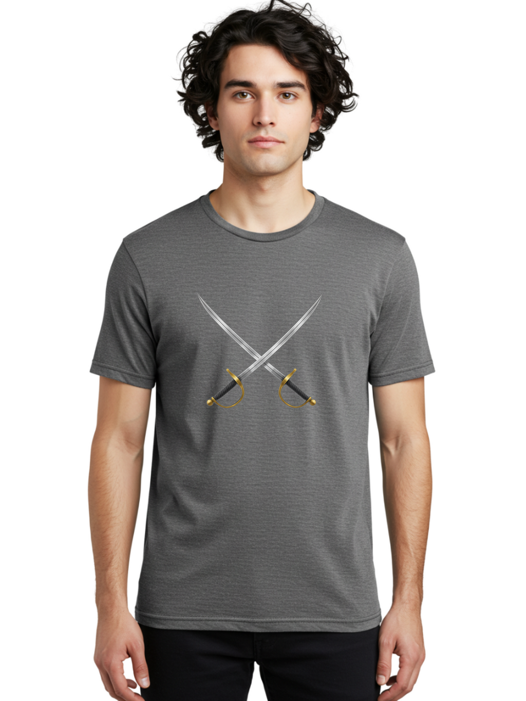 Crossed-Swords-2 Men'S Graphic Tee, 100% Cotton, Comfortable Casual Summer Wear, Machine Washable, Crossed Swords, Medieval Swords, Historical Dueling, Sword Fight, Gold Hilts, Black Grips, Metal Blades, Sword Emblem, Fencing Swords, Bac942