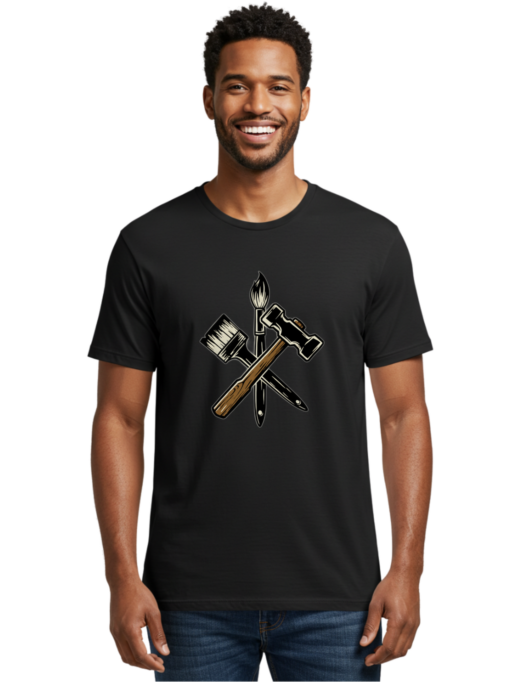 Crossed-Tools Men'S Graphic Tee, 100% Cotton, Comfortable Casual Summer Wear, Machine Washable, Paintbrush, Hammer, Pocket Knife, Art Tools, Craft Supplies, Creative Expression, Diy Projects, Handmade Crafts, Artistic Expression Bac945