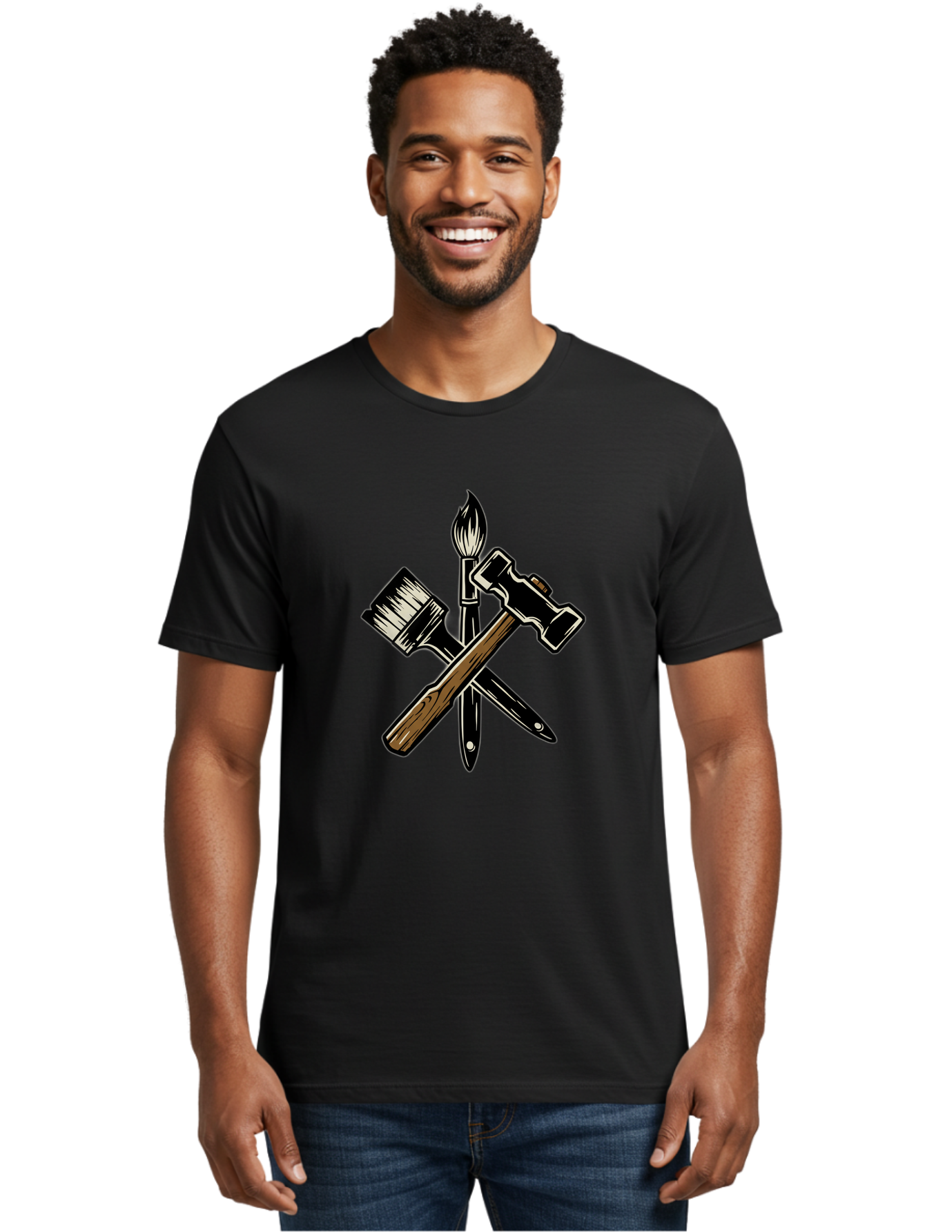 Crossed-Tools Men'S Graphic Tee, 100% Cotton, Comfortable Casual Summer Wear, Machine Washable, Paintbrush, Hammer, Pocket Knife, Art Tools, Craft Supplies, Creative Expression, Diy Projects, Handmade Crafts, Artistic Expression Bac945