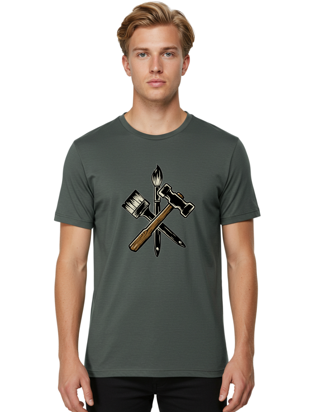 Crossed-Tools Men'S Graphic Tee, 100% Cotton, Comfortable Casual Summer Wear, Machine Washable, Paintbrush, Hammer, Pocket Knife, Art Tools, Craft Supplies, Creative Expression, Diy Projects, Handmade Crafts, Artistic Expression Bac945