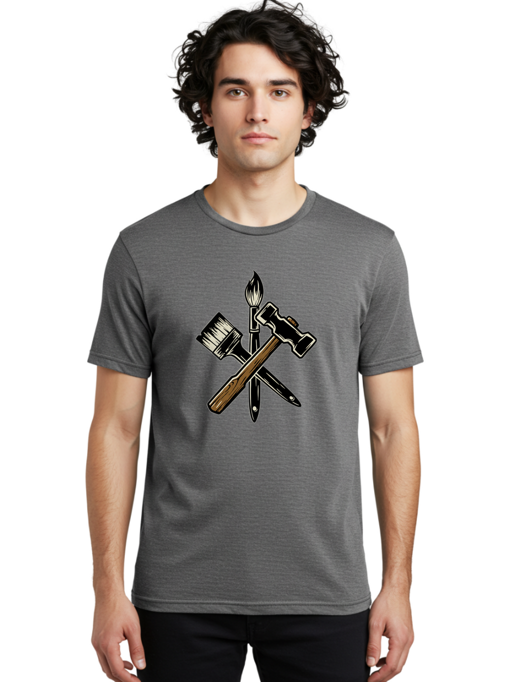 Crossed-Tools Men'S Graphic Tee, 100% Cotton, Comfortable Casual Summer Wear, Machine Washable, Paintbrush, Hammer, Pocket Knife, Art Tools, Craft Supplies, Creative Expression, Diy Projects, Handmade Crafts, Artistic Expression Bac945