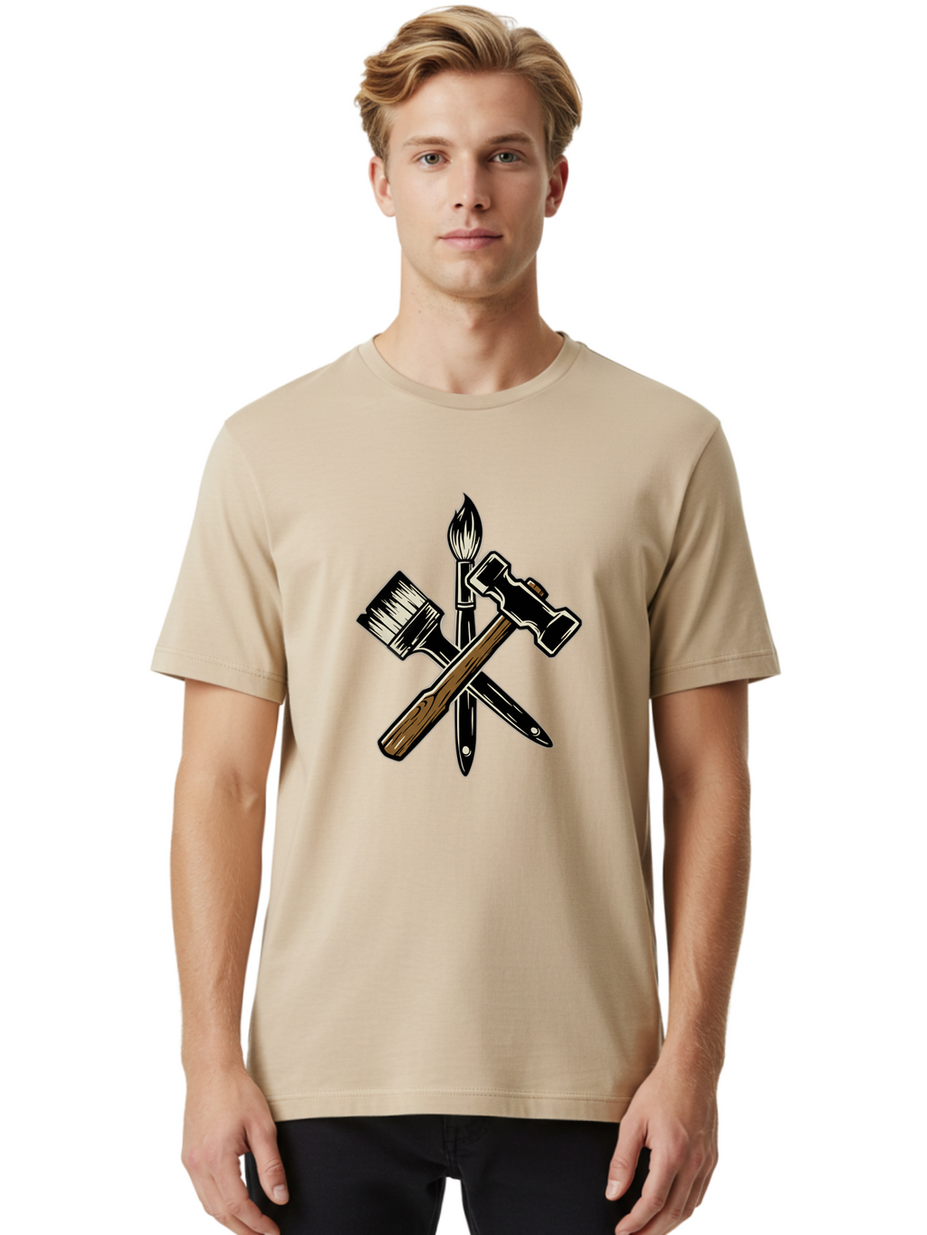 Crossed-Tools Men'S Graphic Tee, 100% Cotton, Comfortable Casual Summer Wear, Machine Washable, Paintbrush, Hammer, Pocket Knife, Art Tools, Craft Supplies, Creative Expression, Diy Projects, Handmade Crafts, Artistic Expression Bac945