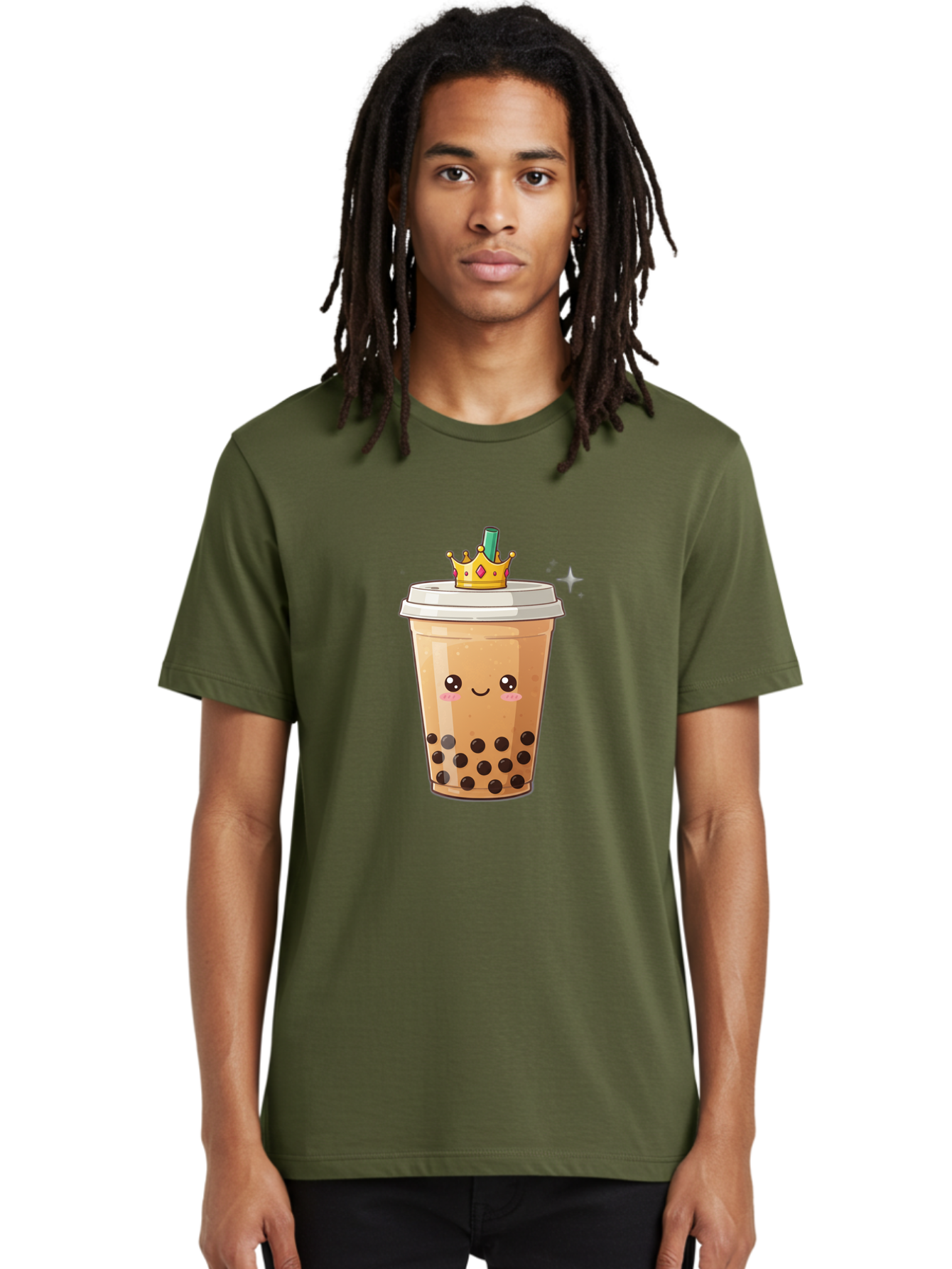 Crown-Bubble-Tea Men'S Graphic Tee, 100% Cotton, Comfortable Casual Summer Wear, Machine Washable, Bubble Tea, Cartoon Style, Kawaii, Smiling Face, Golden Crown, Boba Drink, Tea Cup, Straw, Cute, Fun, Playful, Sweet, Refreshing, Trendy Bac946