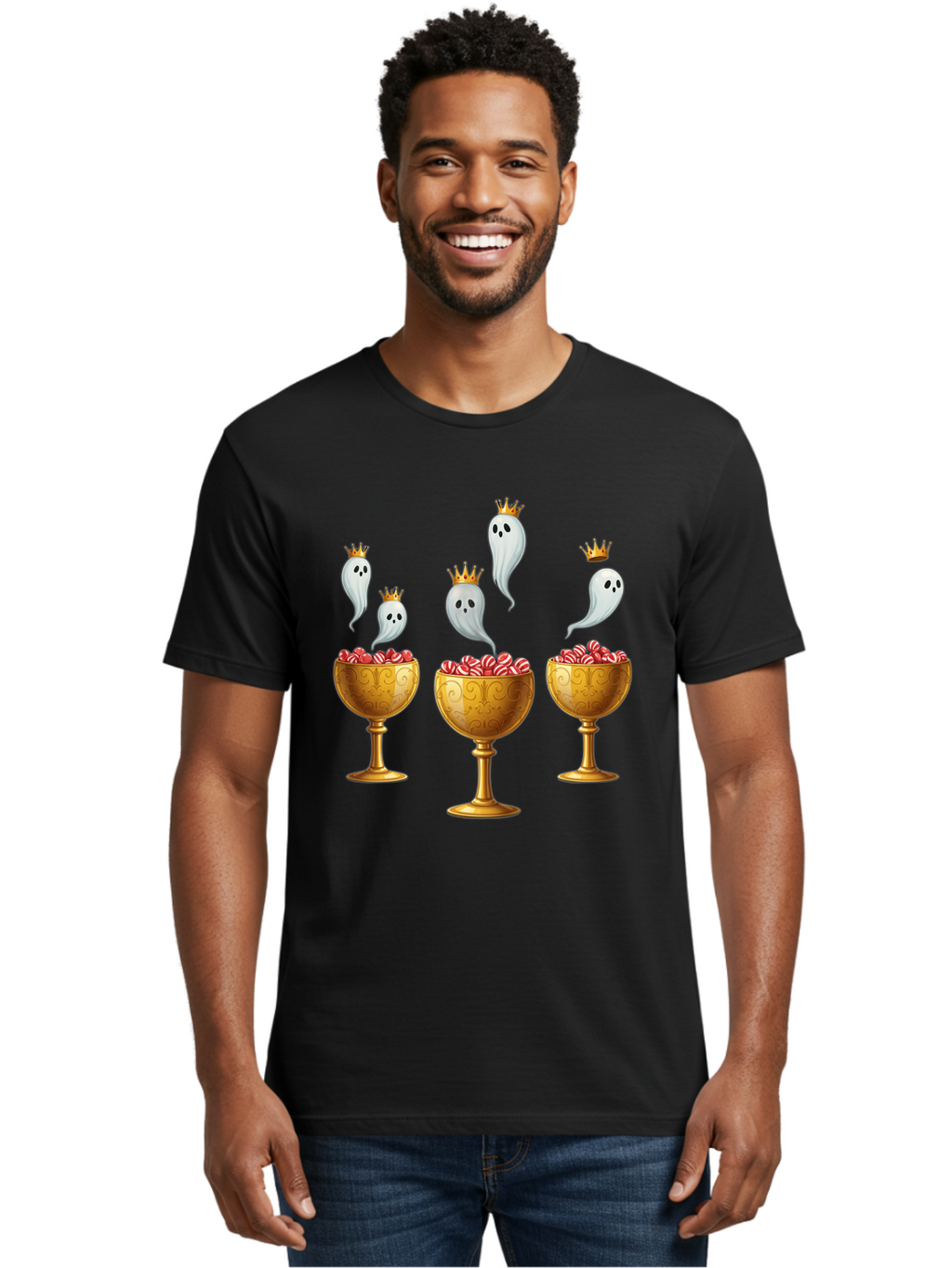 Crowned-Ghosts Men'S Graphic Tee, 100% Cotton, Comfortable Casual Summer Wear, Machine Washable, Halloween Candy, Ghostly Figures, Candy Goblets, Ornate Cups, Peppermint Treats, Festive Decor, Crowned Ghosts, Sweet Delights, Spooky Charm, Bac947