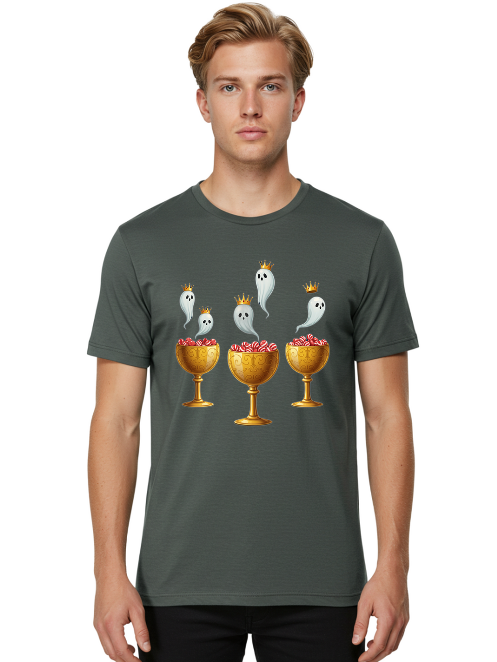 Crowned-Ghosts Men'S Graphic Tee, 100% Cotton, Comfortable Casual Summer Wear, Machine Washable, Halloween Candy, Ghostly Figures, Candy Goblets, Ornate Cups, Peppermint Treats, Festive Decor, Crowned Ghosts, Sweet Delights, Spooky Charm, Bac947