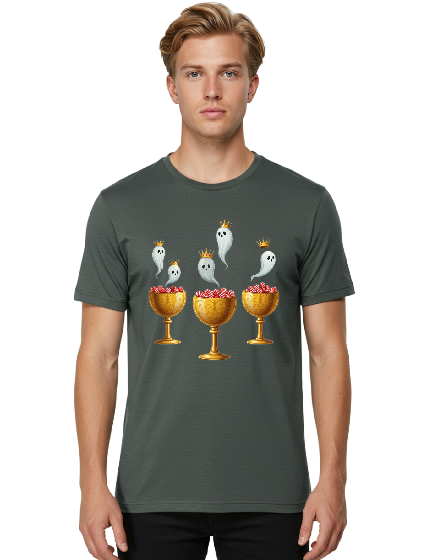 Crowned-Ghosts Men'S Graphic Tee, 100% Cotton, Comfortable Casual Summer Wear, Machine Washable, Halloween Candy, Ghostly Figures, Candy Goblets, Ornate Cups, Peppermint Treats, Festive Decor, Crowned Ghosts, Sweet Delights, Spooky Charm, Bac947