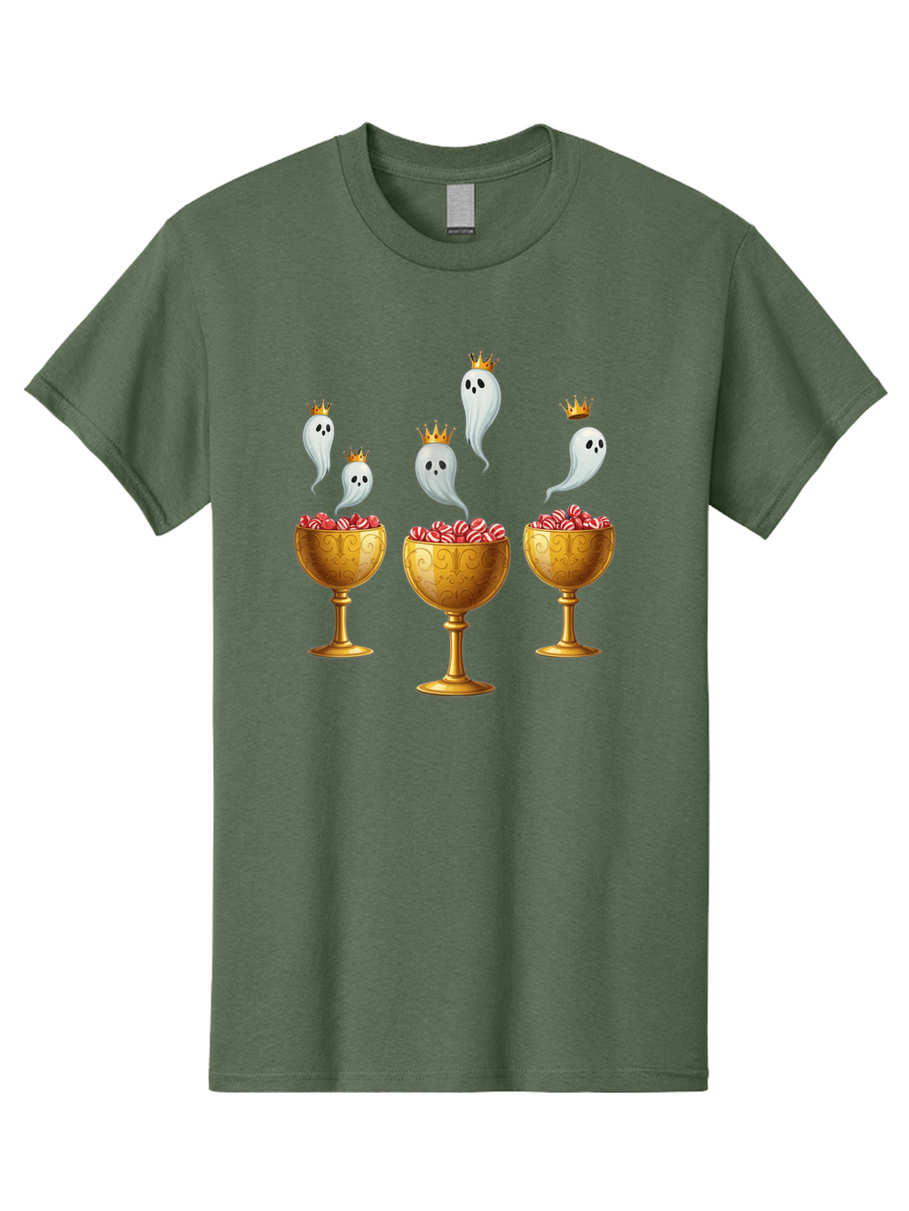 Crowned-Ghosts Men'S Graphic Tee, 100% Cotton, Comfortable Casual Summer Wear, Machine Washable, Halloween Candy, Ghostly Figures, Candy Goblets, Ornate Cups, Peppermint Treats, Festive Decor, Crowned Ghosts, Sweet Delights, Spooky Charm, Bac947