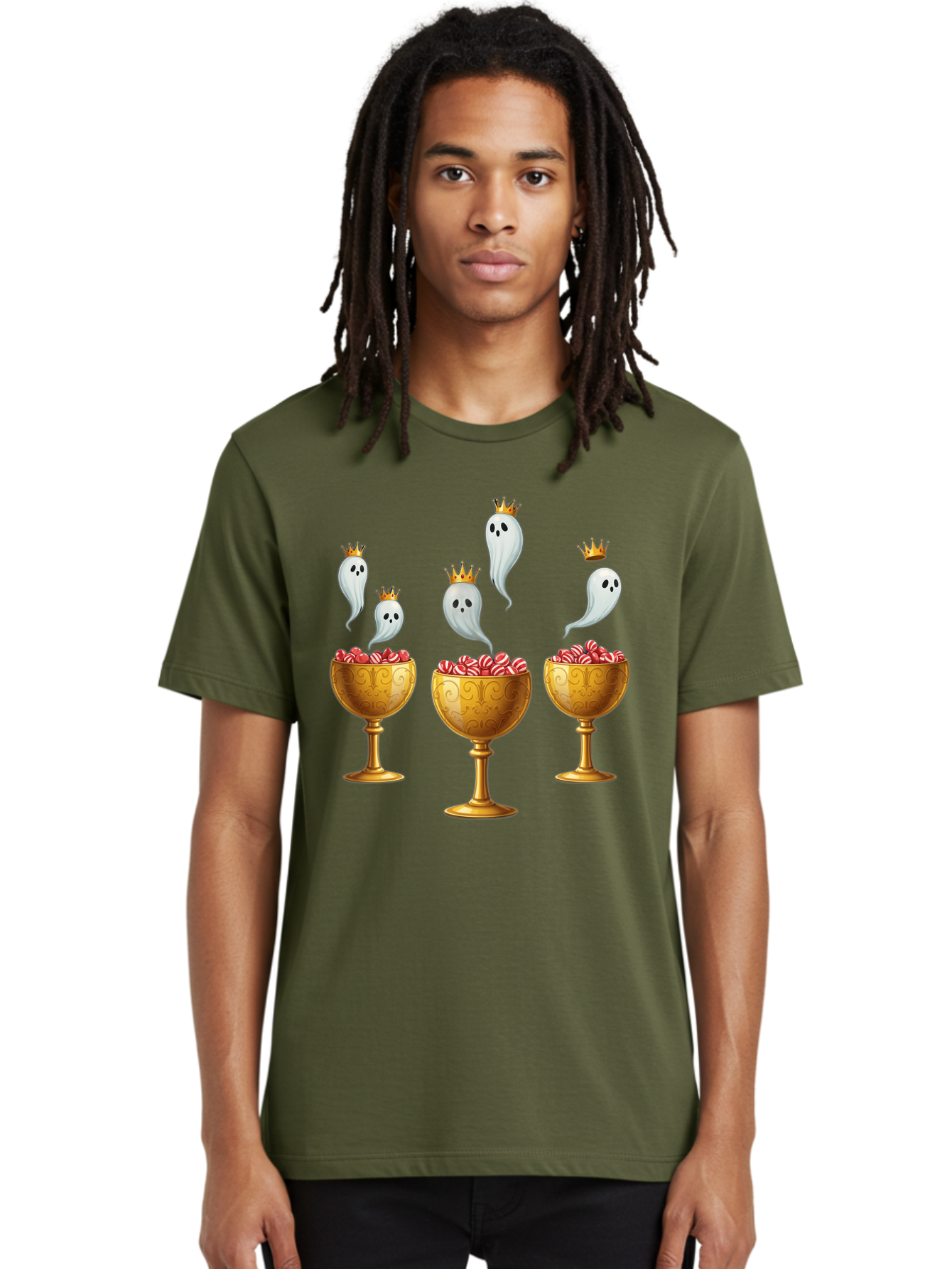 Crowned-Ghosts Men'S Graphic Tee, 100% Cotton, Comfortable Casual Summer Wear, Machine Washable, Halloween Candy, Ghostly Figures, Candy Goblets, Ornate Cups, Peppermint Treats, Festive Decor, Crowned Ghosts, Sweet Delights, Spooky Charm, Bac947