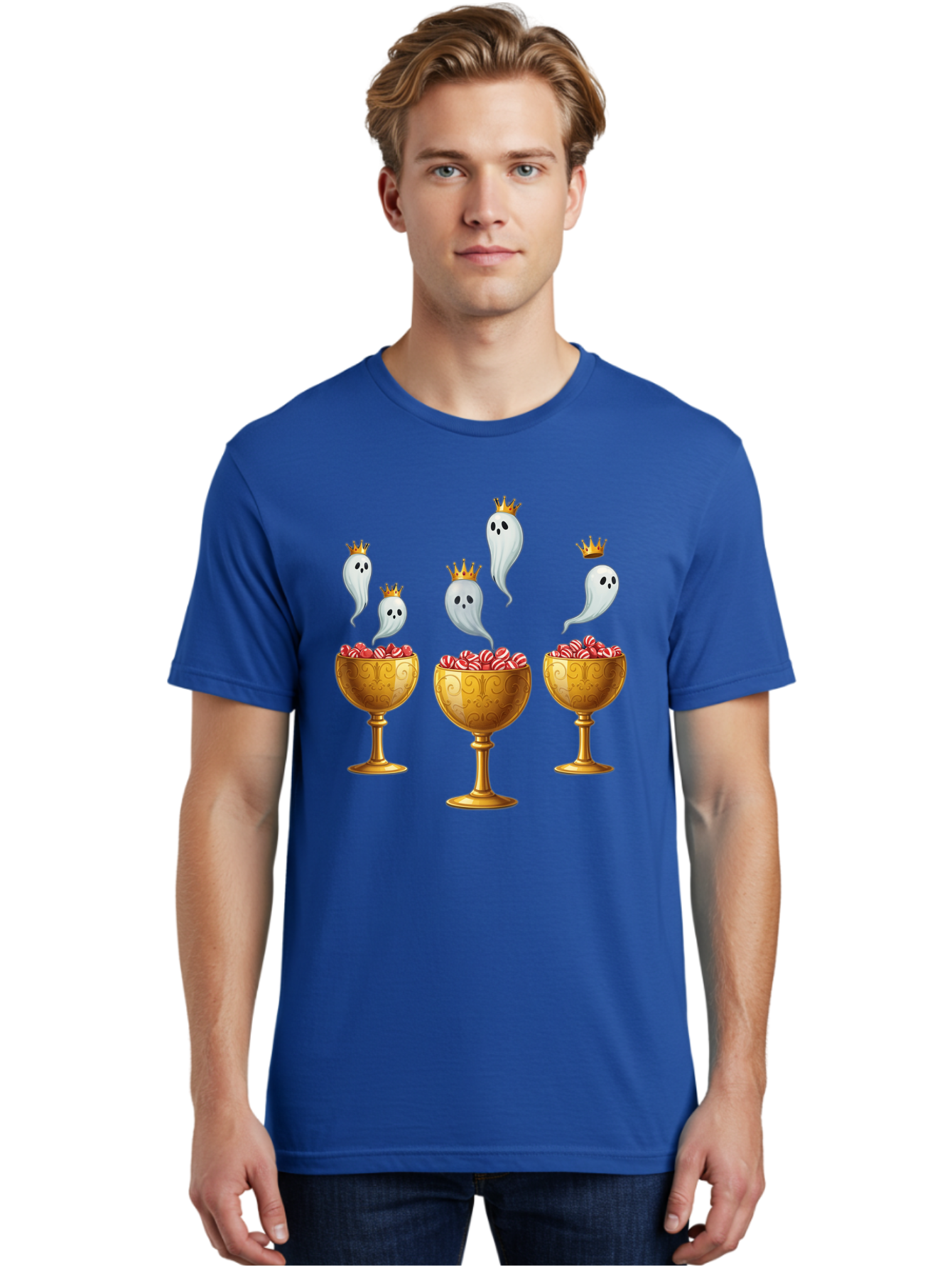 Crowned-Ghosts Men'S Graphic Tee, 100% Cotton, Comfortable Casual Summer Wear, Machine Washable, Halloween Candy, Ghostly Figures, Candy Goblets, Ornate Cups, Peppermint Treats, Festive Decor, Crowned Ghosts, Sweet Delights, Spooky Charm, Bac947