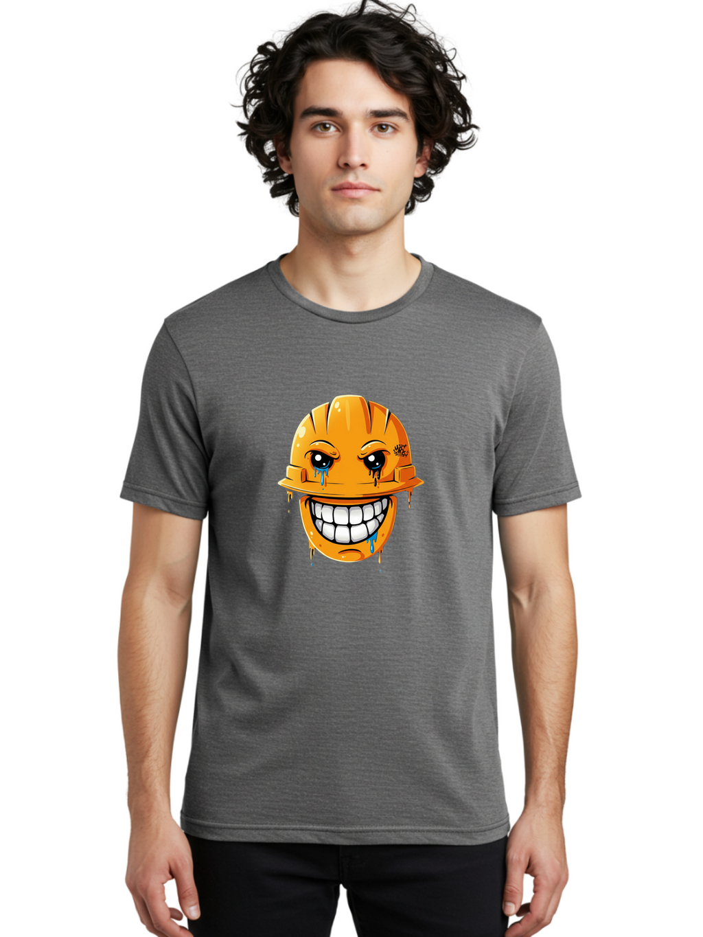 Crying-Hard-Hat Men'S Graphic Tee, 100% Cotton, Comfortable Casual Summer Wear, Machine Washable, Cartoon Hard Hat, Crying Face, White Teeth, Blue Tears, Construction Worker, Emotional Labor, Worker Struggle, Hard Hat Illustration Bac948