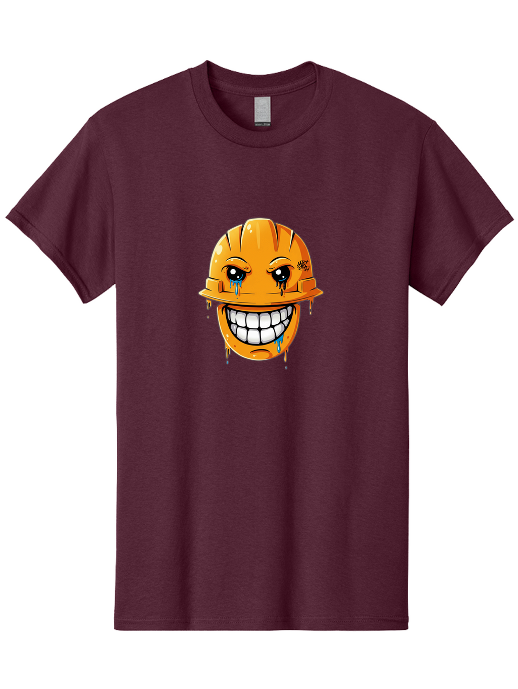 Crying-Hard-Hat Men'S Graphic Tee, 100% Cotton, Comfortable Casual Summer Wear, Machine Washable, Cartoon Hard Hat, Crying Face, White Teeth, Blue Tears, Construction Worker, Emotional Labor, Worker Struggle, Hard Hat Illustration Bac948