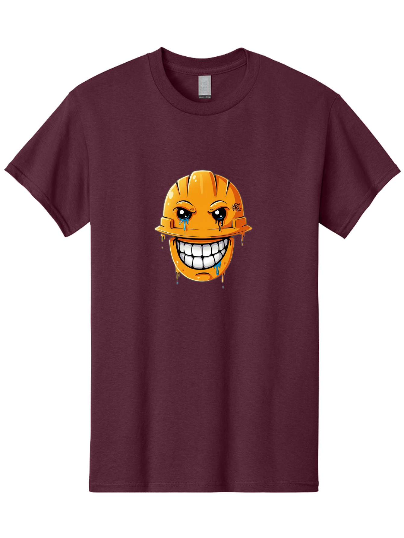 Crying-Hard-Hat Men'S Graphic Tee, 100% Cotton, Comfortable Casual Summer Wear, Machine Washable, Cartoon Hard Hat, Crying Face, White Teeth, Blue Tears, Construction Worker, Emotional Labor, Worker Struggle, Hard Hat Illustration Bac948