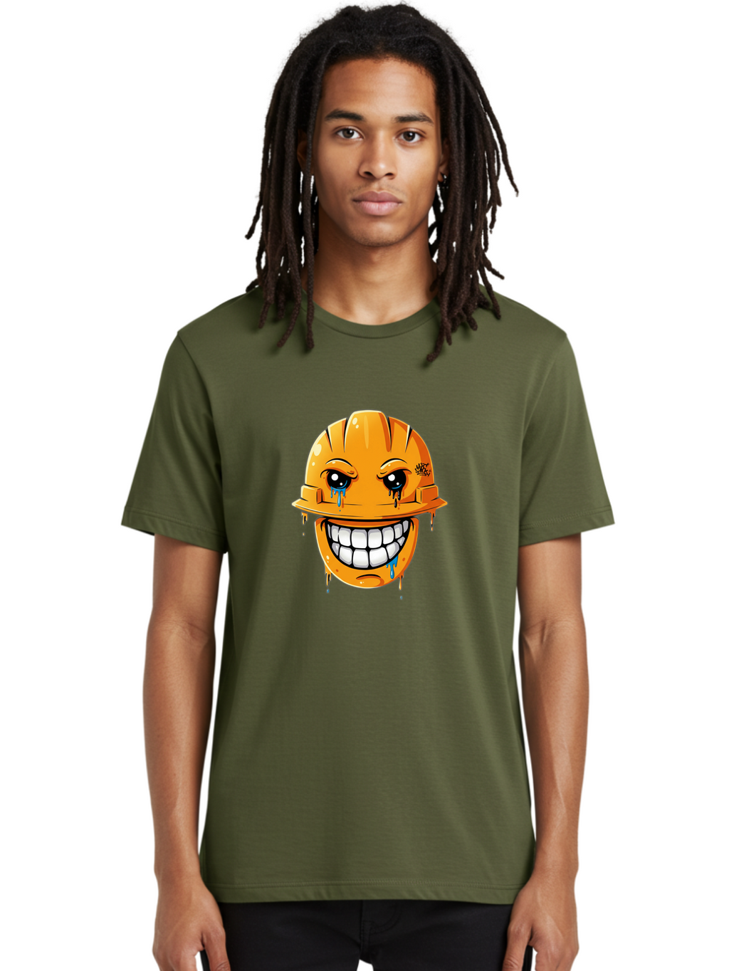 Crying-Hard-Hat Men'S Graphic Tee, 100% Cotton, Comfortable Casual Summer Wear, Machine Washable, Cartoon Hard Hat, Crying Face, White Teeth, Blue Tears, Construction Worker, Emotional Labor, Worker Struggle, Hard Hat Illustration Bac948