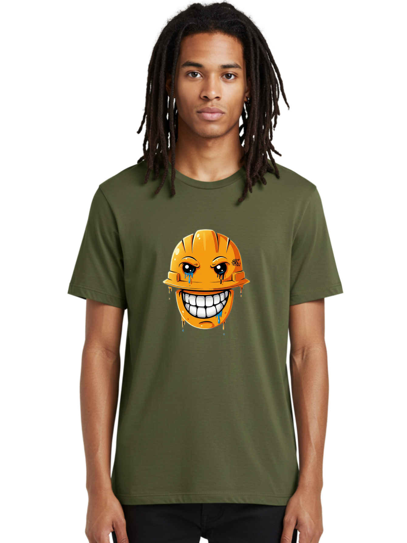 Crying-Hard-Hat Men'S Graphic Tee, 100% Cotton, Comfortable Casual Summer Wear, Machine Washable, Cartoon Hard Hat, Crying Face, White Teeth, Blue Tears, Construction Worker, Emotional Labor, Worker Struggle, Hard Hat Illustration Bac948