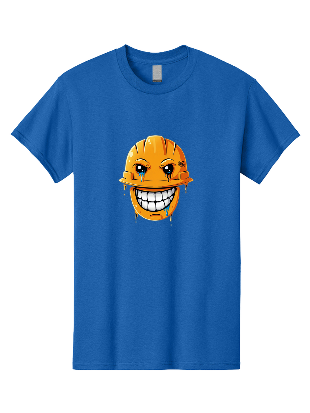 Crying-Hard-Hat Men'S Graphic Tee, 100% Cotton, Comfortable Casual Summer Wear, Machine Washable, Cartoon Hard Hat, Crying Face, White Teeth, Blue Tears, Construction Worker, Emotional Labor, Worker Struggle, Hard Hat Illustration Bac948