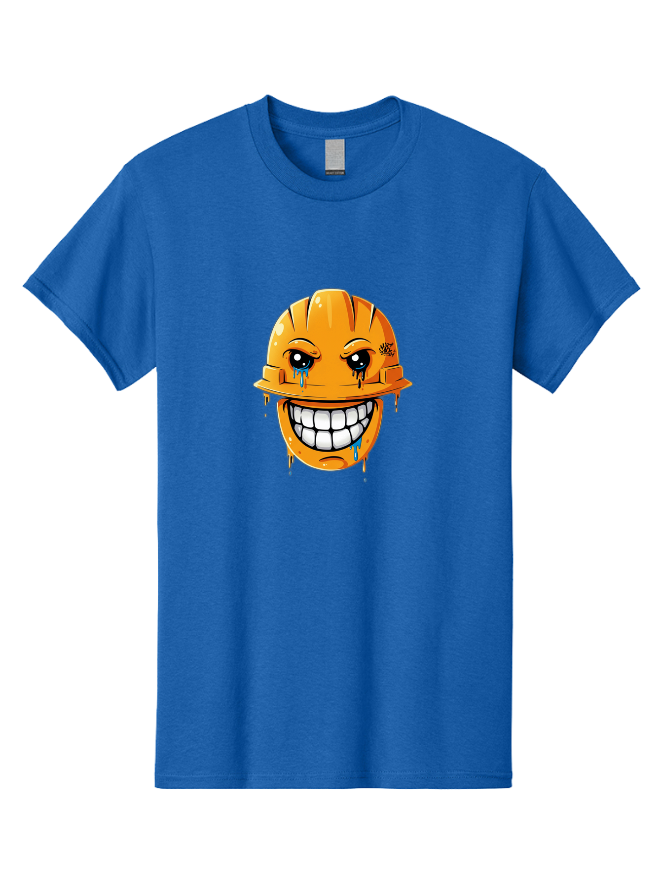 Crying-Hard-Hat Men'S Graphic Tee, 100% Cotton, Comfortable Casual Summer Wear, Machine Washable, Cartoon Hard Hat, Crying Face, White Teeth, Blue Tears, Construction Worker, Emotional Labor, Worker Struggle, Hard Hat Illustration Bac948