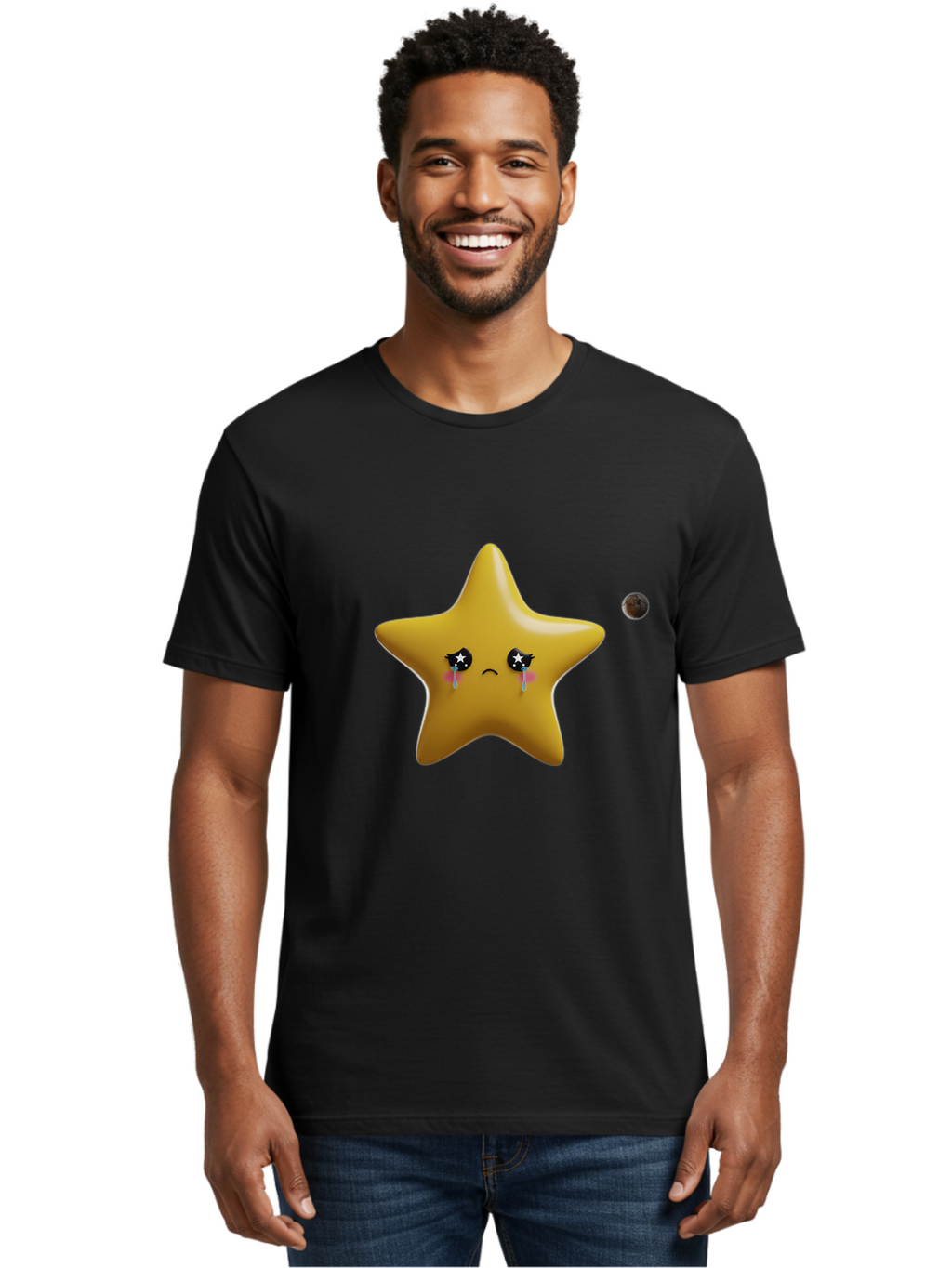 Crying-Star Men'S Graphic Tee, 100% Cotton, Comfortable Casual Summer Wear, Machine Washable, Sad Star, Crying Face, Tears, Sorrowful Expression, Frowning Star, Sorrow, Disappointment, Sadness, Star Emoji Bac949
