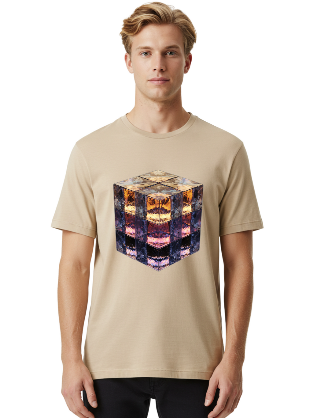 Cube-With-Mirrored-Faces Men'S Graphic Tee, 100% Cotton, Comfortable Casual Summer Wear, Machine Washable, Mirrored Cube, Reflective Surfaces, Abstract Art, Kaleidoscope Effect, Mirrored Reflections, 3D Rendering, Futuristic Design Bac951