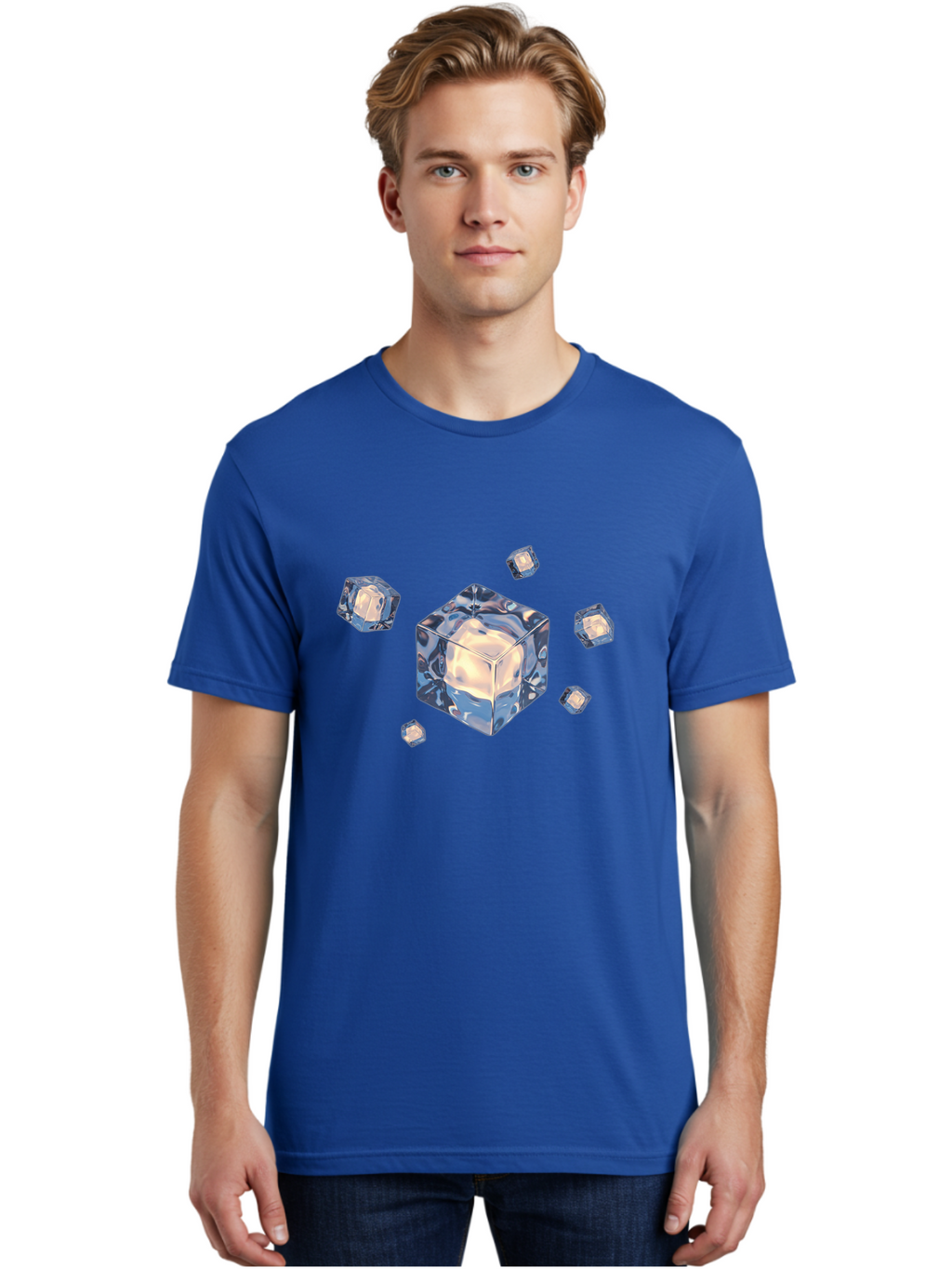 Cube Men'S Graphic Tee, 100% Cotton, Comfortable Casual Summer Wear, Machine Washable, Crystal Cubes, Shiny Surface, Reflective Quality, Blue And White Hues, Floating Cubes, Modern Design, Futuristic Elements, Abstract Composition, Digital Art Bac952
