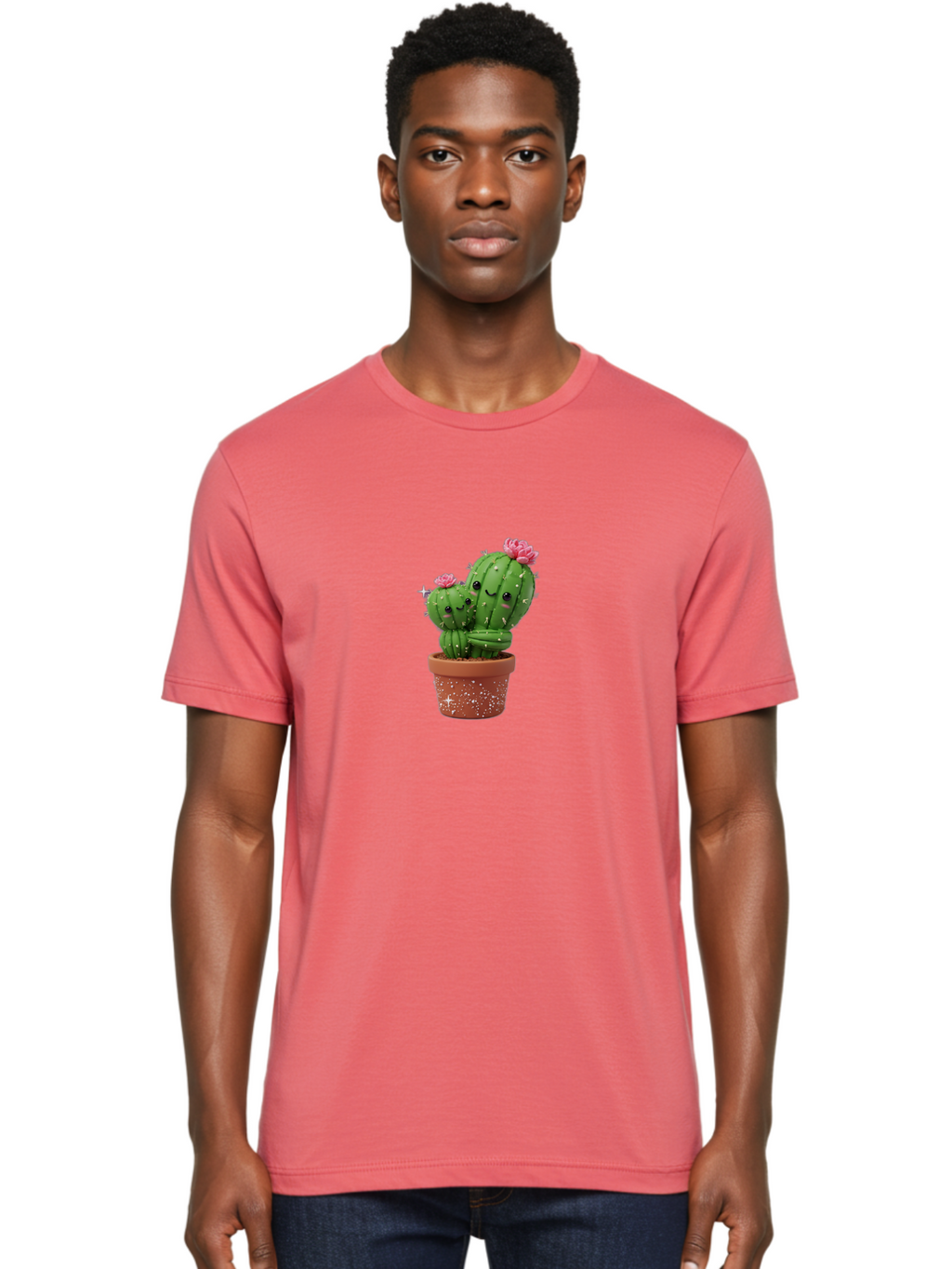 Cuddly-Cacti Men'S Graphic Tee, 100% Cotton, Comfortable Casual Summer Wear, Machine Washable, Hugging Cacti, Cute Cartoon Style, Smiling Faces, Pink Flowers, Red Pot, White Sparkles, Kawaii, Desert Plants, Adorable Decoration, Fun Gift Bac953