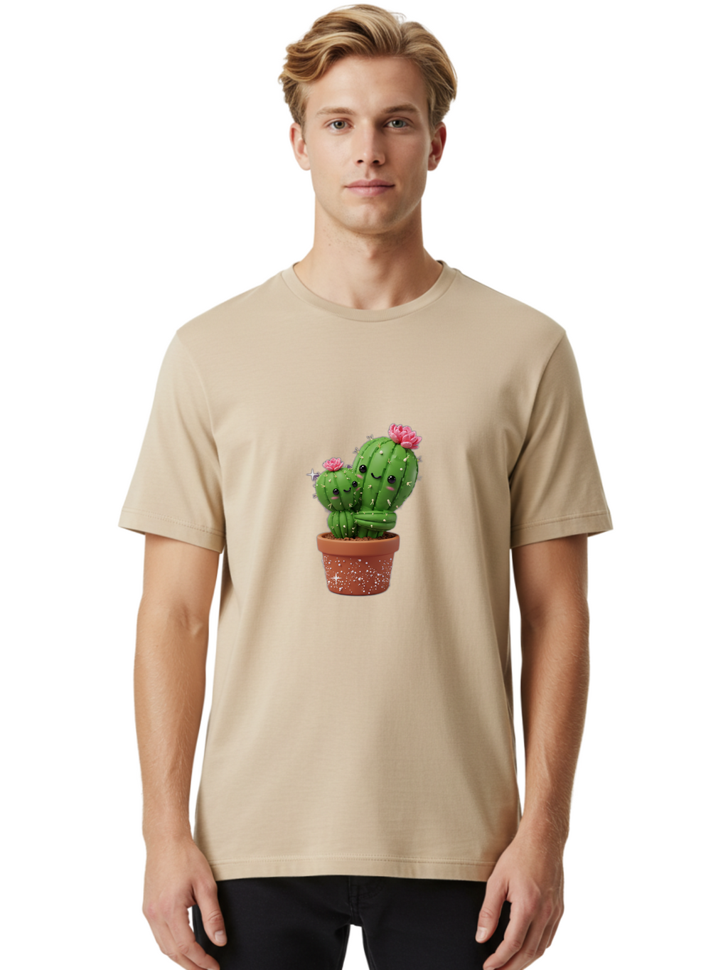 Cuddly-Cacti Men'S Graphic Tee, 100% Cotton, Comfortable Casual Summer Wear, Machine Washable, Hugging Cacti, Cute Cartoon Style, Smiling Faces, Pink Flowers, Red Pot, White Sparkles, Kawaii, Desert Plants, Adorable Decoration, Fun Gift Bac953