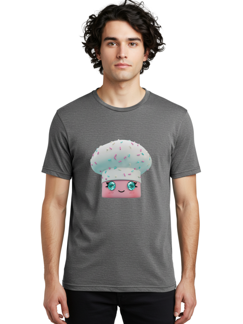 Cup-Cake Men'S Graphic Tee, 100% Cotton, Comfortable Casual Summer Wear, Machine Washable, Smiling Cupcake, Cute Treats, Sweet Tooth, Pastel Colors, Gemstone Eyes, Cartoon Character, Bakery Delight, Dessert Love, Whimsical Design, Bac955