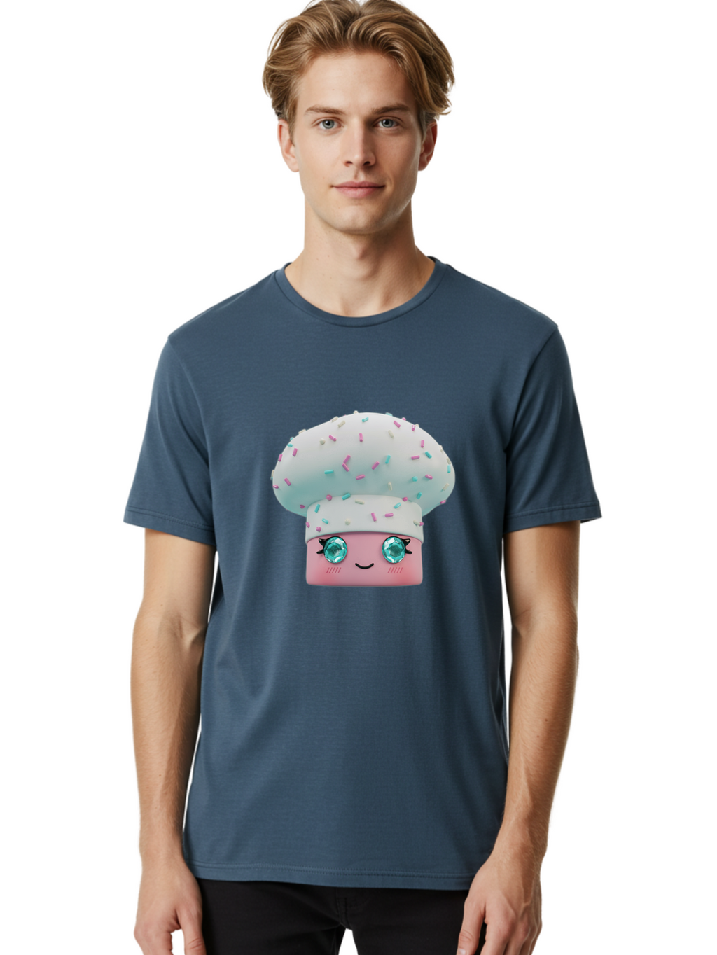 Cup-Cake Men'S Graphic Tee, 100% Cotton, Comfortable Casual Summer Wear, Machine Washable, Smiling Cupcake, Cute Treats, Sweet Tooth, Pastel Colors, Gemstone Eyes, Cartoon Character, Bakery Delight, Dessert Love, Whimsical Design, Bac955