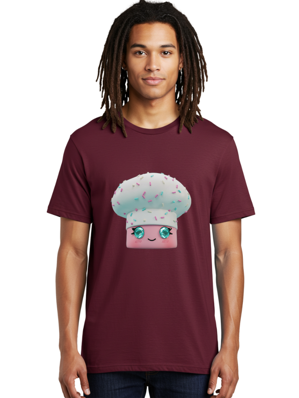 Cup-Cake Men'S Graphic Tee, 100% Cotton, Comfortable Casual Summer Wear, Machine Washable, Smiling Cupcake, Cute Treats, Sweet Tooth, Pastel Colors, Gemstone Eyes, Cartoon Character, Bakery Delight, Dessert Love, Whimsical Design, Bac955