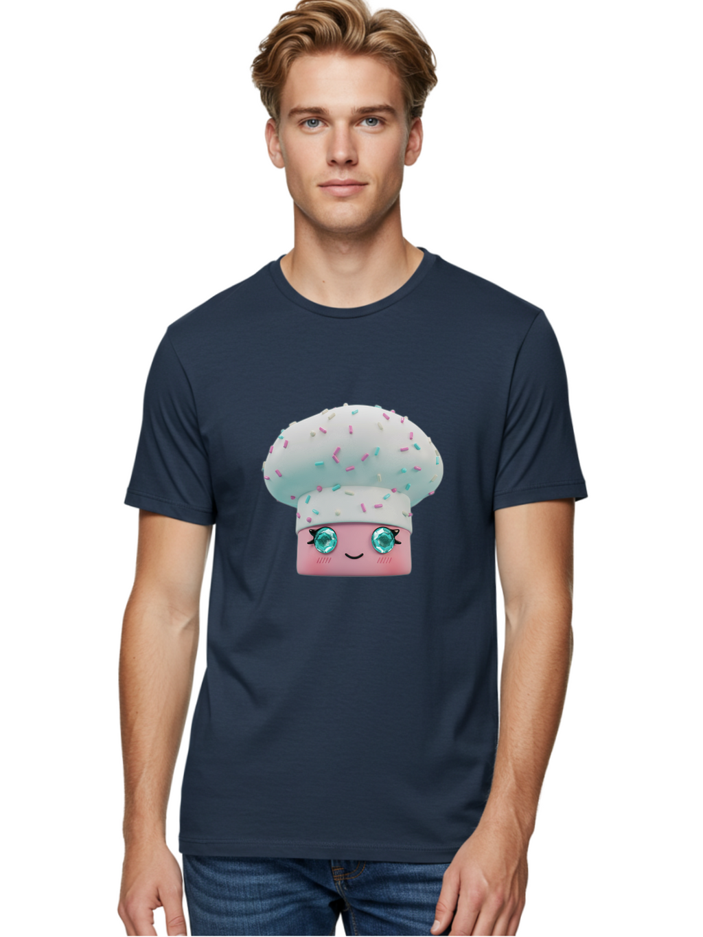 Cup-Cake Men'S Graphic Tee, 100% Cotton, Comfortable Casual Summer Wear, Machine Washable, Smiling Cupcake, Cute Treats, Sweet Tooth, Pastel Colors, Gemstone Eyes, Cartoon Character, Bakery Delight, Dessert Love, Whimsical Design, Bac955