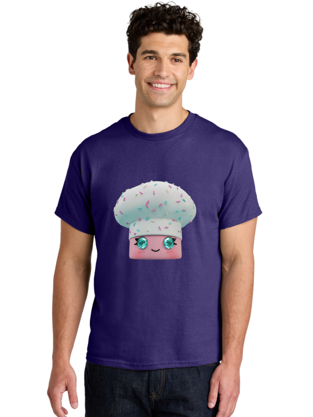 Cup-Cake Men'S Graphic Tee, 100% Cotton, Comfortable Casual Summer Wear, Machine Washable, Smiling Cupcake, Cute Treats, Sweet Tooth, Pastel Colors, Gemstone Eyes, Cartoon Character, Bakery Delight, Dessert Love, Whimsical Design, Bac955