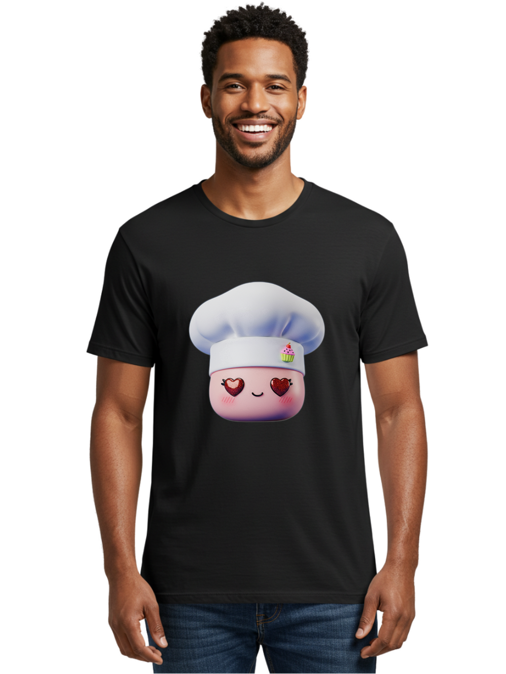 Cupcake-Chef Men'S Graphic Tee, 100% Cotton, Comfortable Casual Summer Wear, Machine Washable, Cartoon Chef, Baker Character, Sweet Treats, Heart-Shaped Eyes, Dessert Design, Baking Love, Pastry Chef Hat, Cute Pastel Colors, Whimsical Bakery Bac956