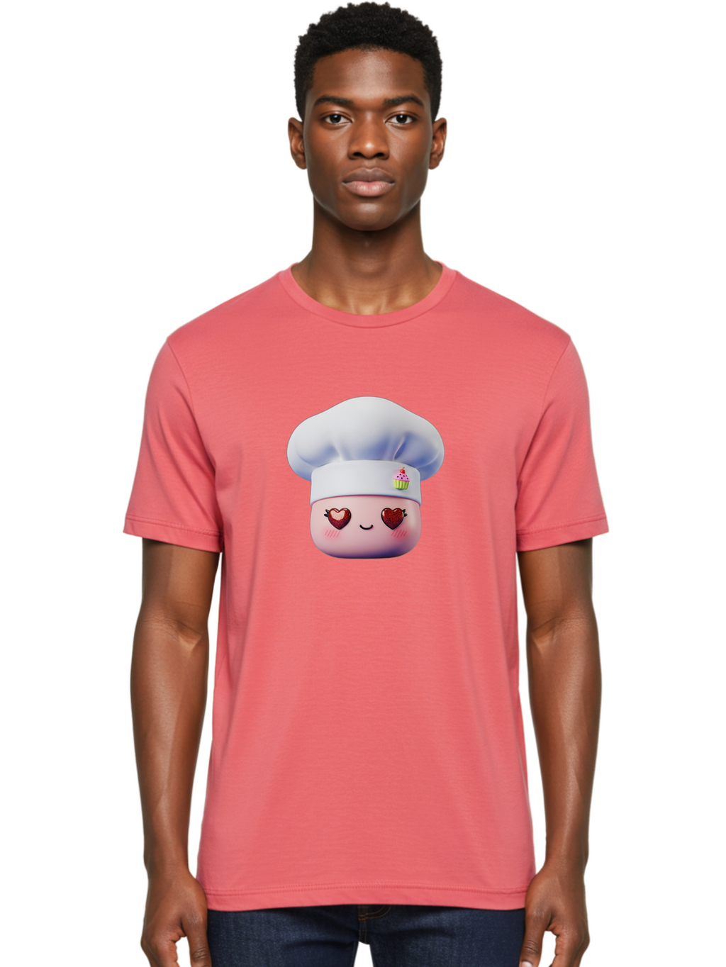 Cupcake-Chef Men'S Graphic Tee, 100% Cotton, Comfortable Casual Summer Wear, Machine Washable, Cartoon Chef, Baker Character, Sweet Treats, Heart-Shaped Eyes, Dessert Design, Baking Love, Pastry Chef Hat, Cute Pastel Colors, Whimsical Bakery Bac956