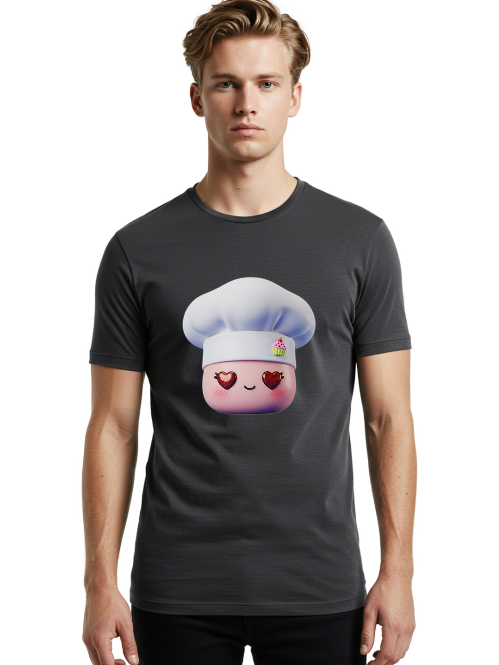 Cupcake-Chef Men'S Graphic Tee, 100% Cotton, Comfortable Casual Summer Wear, Machine Washable, Cartoon Chef, Baker Character, Sweet Treats, Heart-Shaped Eyes, Dessert Design, Baking Love, Pastry Chef Hat, Cute Pastel Colors, Whimsical Bakery Bac956