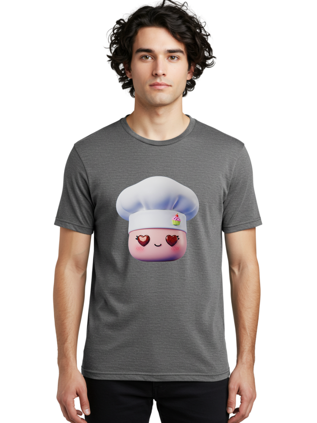 Cupcake-Chef Men'S Graphic Tee, 100% Cotton, Comfortable Casual Summer Wear, Machine Washable, Cartoon Chef, Baker Character, Sweet Treats, Heart-Shaped Eyes, Dessert Design, Baking Love, Pastry Chef Hat, Cute Pastel Colors, Whimsical Bakery Bac956