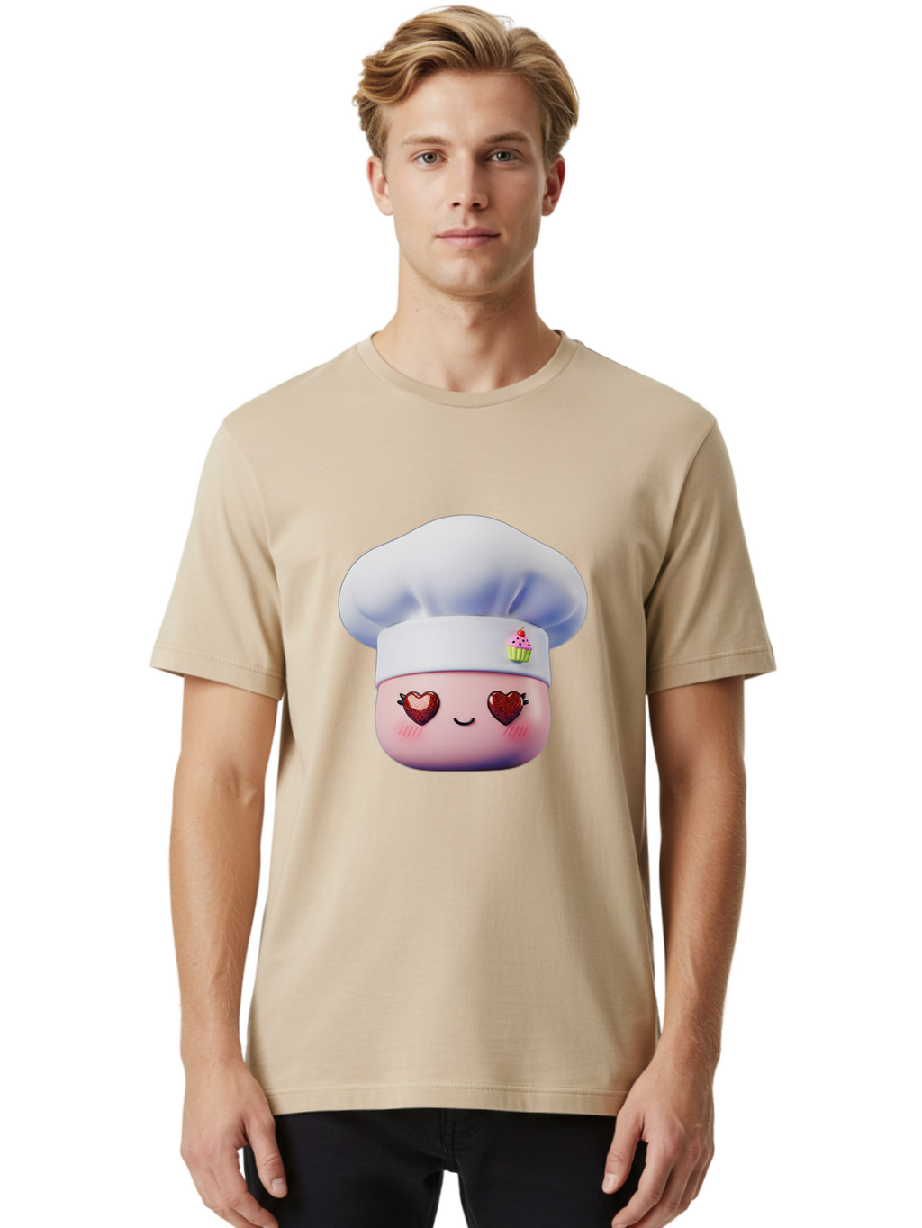 Cupcake-Chef Men'S Graphic Tee, 100% Cotton, Comfortable Casual Summer Wear, Machine Washable, Cartoon Chef, Baker Character, Sweet Treats, Heart-Shaped Eyes, Dessert Design, Baking Love, Pastry Chef Hat, Cute Pastel Colors, Whimsical Bakery Bac956