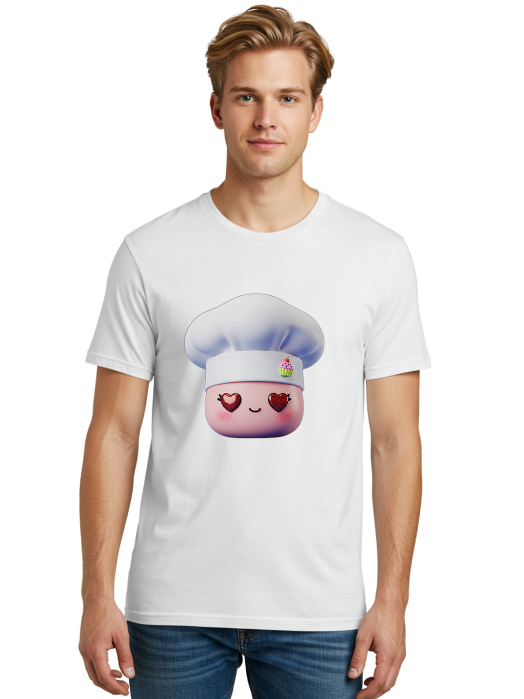 Cupcake-Chef Men'S Graphic Tee, 100% Cotton, Comfortable Casual Summer Wear, Machine Washable, Cartoon Chef, Baker Character, Sweet Treats, Heart-Shaped Eyes, Dessert Design, Baking Love, Pastry Chef Hat, Cute Pastel Colors, Whimsical Bakery Bac956