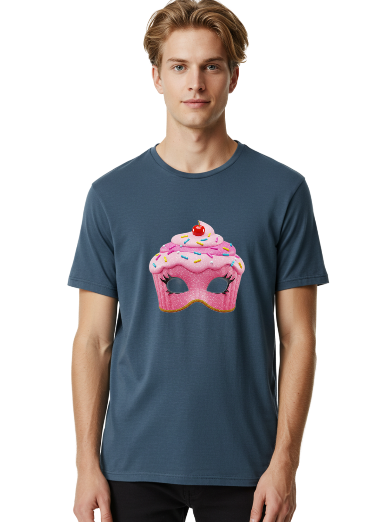 Cupcake-Mask Men'S Graphic Tee, 100% Cotton, Comfortable Casual Summer Wear, Machine Washable, Pink Cupcake Mask, Decorative Mask, Frosting And Sprinkles, Eye Holes, Mascara Lashes, Cherry On Top, Sweet Treats, Party Accessories, Costume Masks Bac957