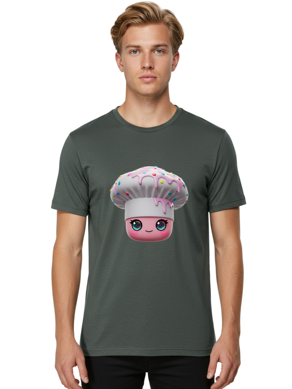 Cupcake Men'S Graphic Tee, 100% Cotton, Comfortable Casual Summer Wear, Machine Washable, Cartoon Cupcake, Cute Face, Sparkly Eyes, Pastel Colors, Sweet Treat, Dessert Illustration, Whimsical Design, Bakery Art, Foodie Graphics, Bac958