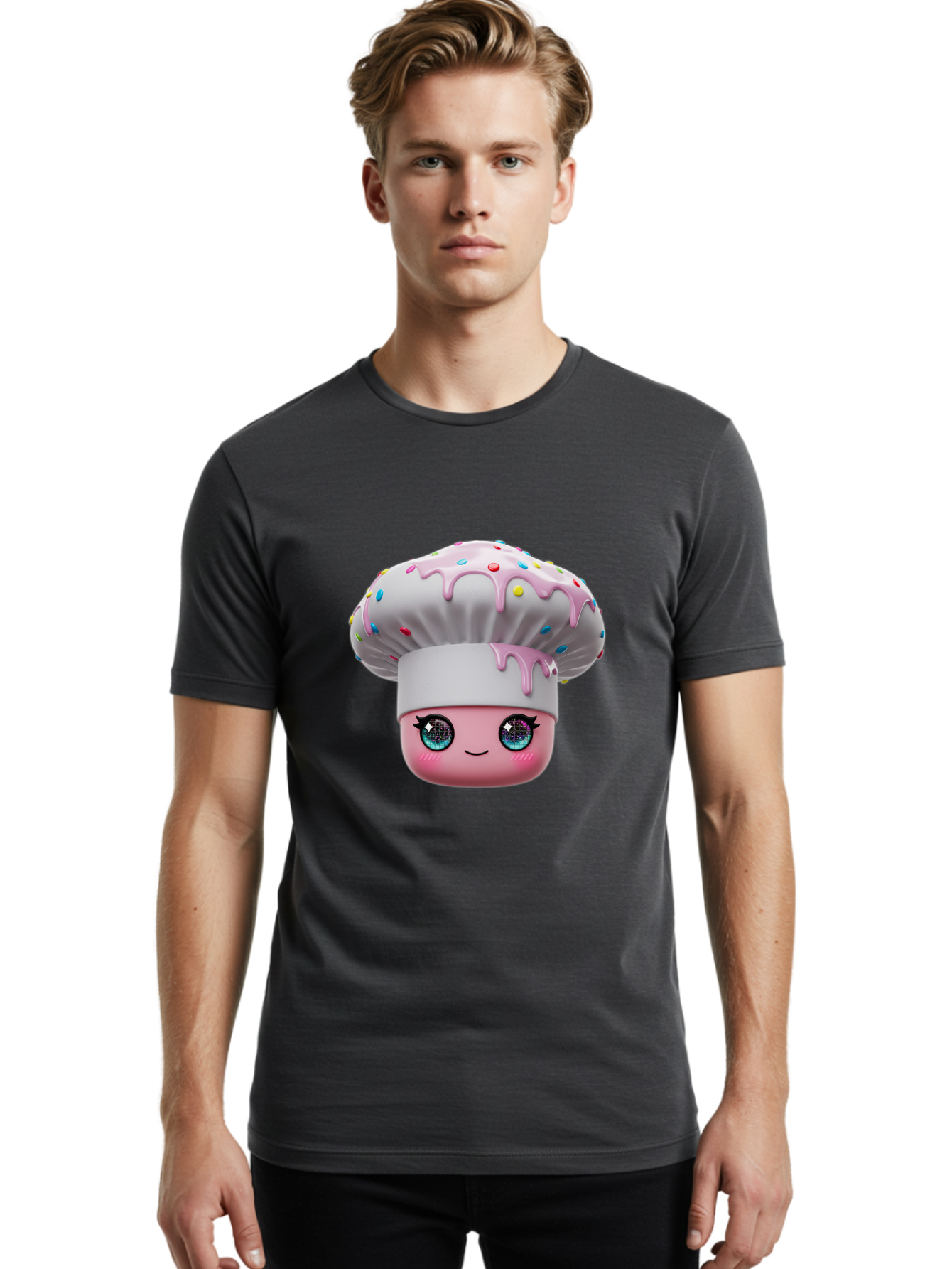 Cupcake Men'S Graphic Tee, 100% Cotton, Comfortable Casual Summer Wear, Machine Washable, Cartoon Cupcake, Cute Face, Sparkly Eyes, Pastel Colors, Sweet Treat, Dessert Illustration, Whimsical Design, Bakery Art, Foodie Graphics, Bac958