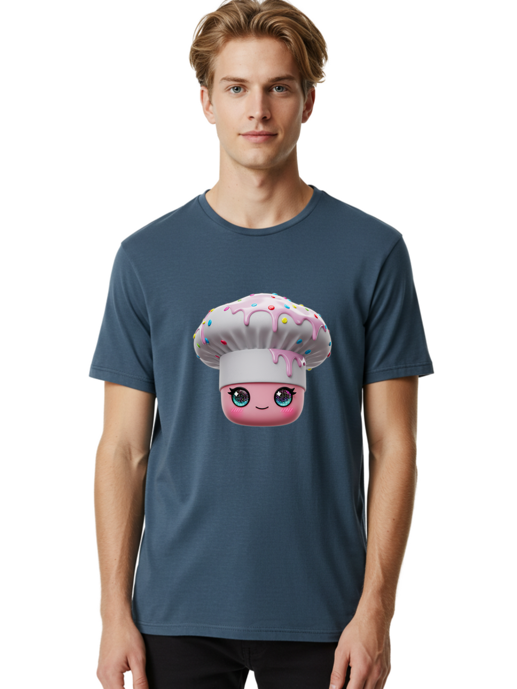 Cupcake Men'S Graphic Tee, 100% Cotton, Comfortable Casual Summer Wear, Machine Washable, Cartoon Cupcake, Cute Face, Sparkly Eyes, Pastel Colors, Sweet Treat, Dessert Illustration, Whimsical Design, Bakery Art, Foodie Graphics, Bac958