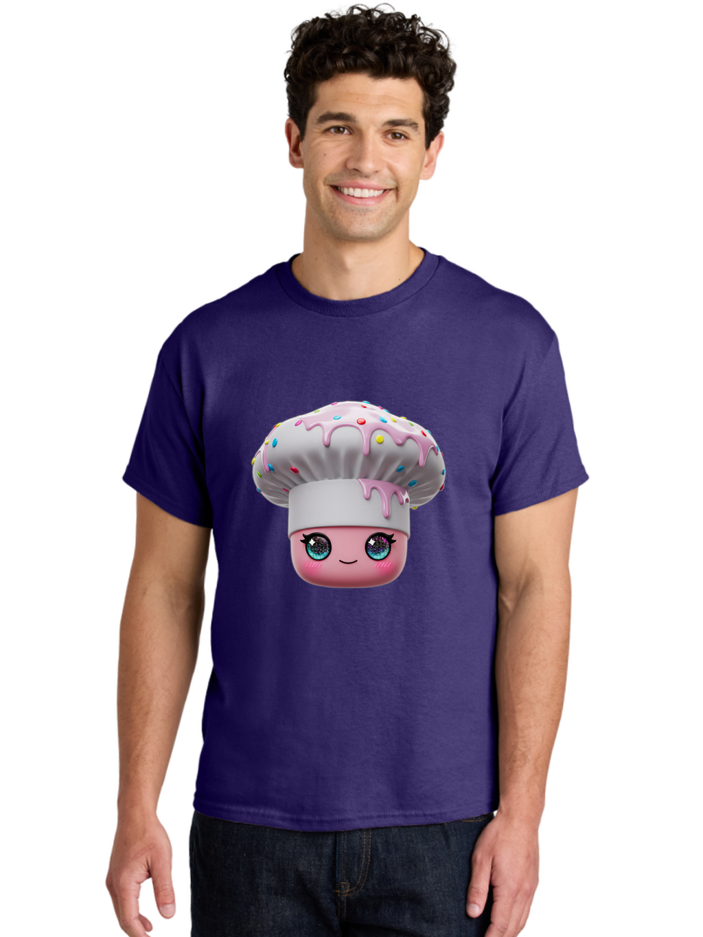 Cupcake Men'S Graphic Tee, 100% Cotton, Comfortable Casual Summer Wear, Machine Washable, Cartoon Cupcake, Cute Face, Sparkly Eyes, Pastel Colors, Sweet Treat, Dessert Illustration, Whimsical Design, Bakery Art, Foodie Graphics, Bac958