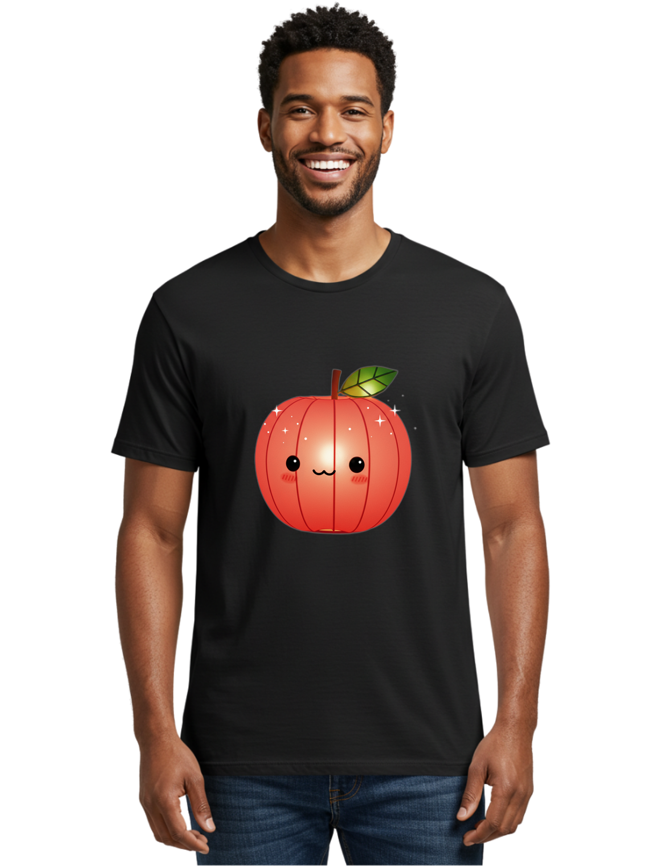 Cute-Apple Men'S Graphic Tee, 100% Cotton, Comfortable Casual Summer Wear, Machine Washable, Peach Fruit, Kawaii Character, Cartoon Style, Cute Face, Smiley Expression, Blushing Cheeks, Sparkles, Sweet Charm, Adorable Design Bac959