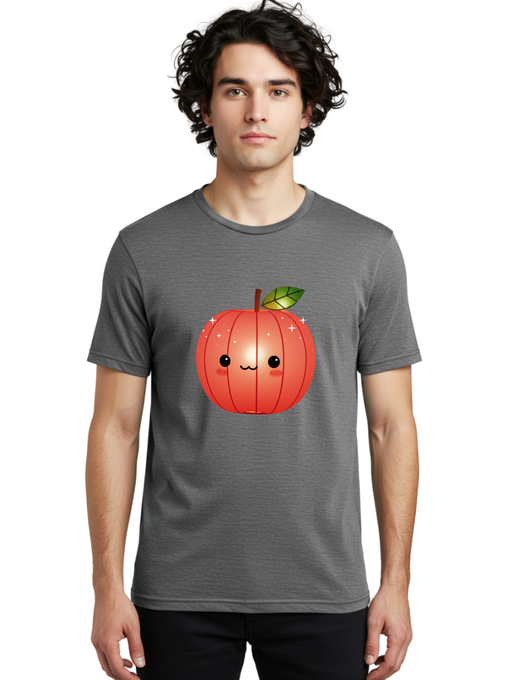 Cute-Apple Men'S Graphic Tee, 100% Cotton, Comfortable Casual Summer Wear, Machine Washable, Peach Fruit, Kawaii Character, Cartoon Style, Cute Face, Smiley Expression, Blushing Cheeks, Sparkles, Sweet Charm, Adorable Design Bac959
