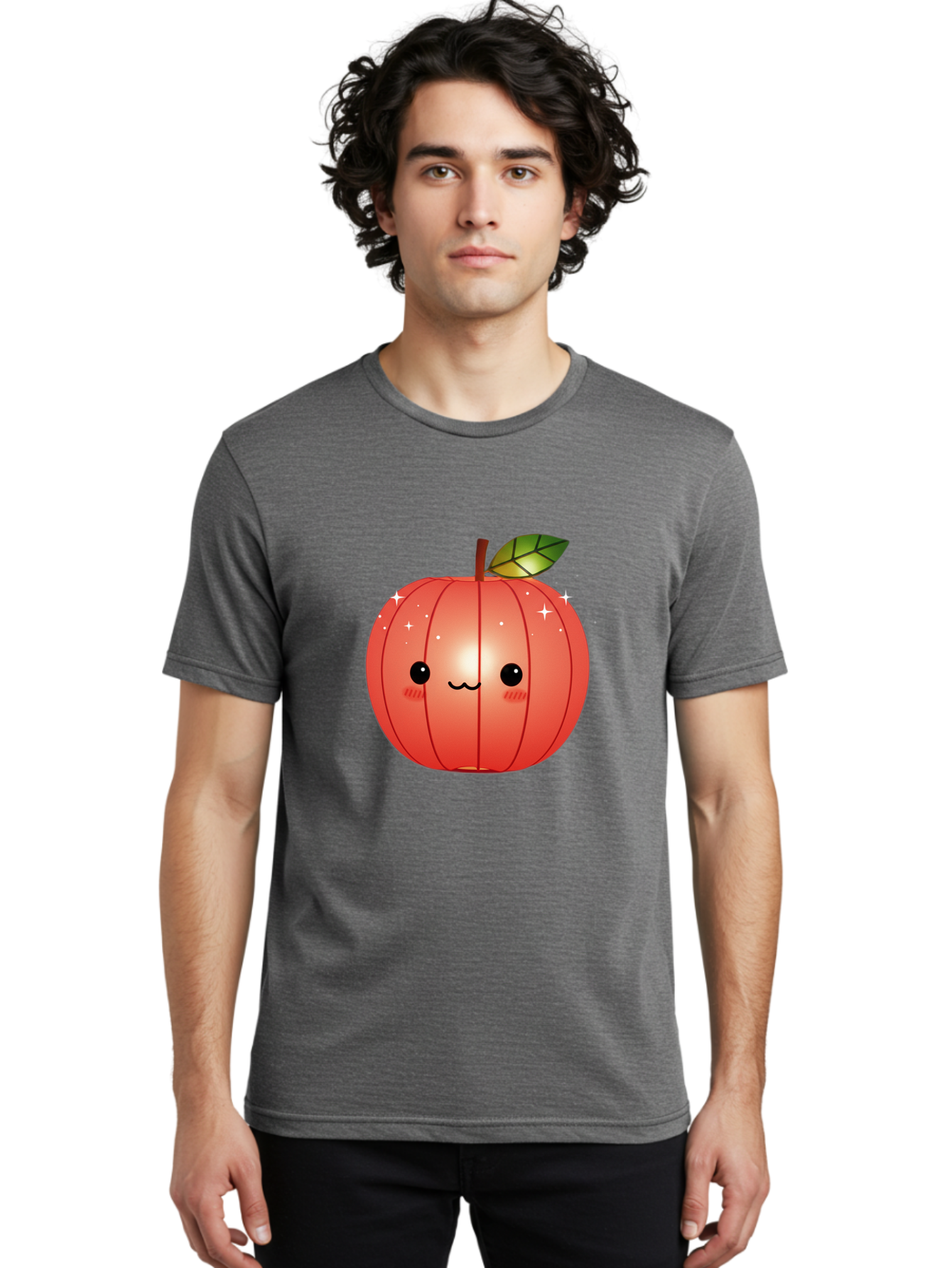 Cute-Apple Men'S Graphic Tee, 100% Cotton, Comfortable Casual Summer Wear, Machine Washable, Peach Fruit, Kawaii Character, Cartoon Style, Cute Face, Smiley Expression, Blushing Cheeks, Sparkles, Sweet Charm, Adorable Design Bac959