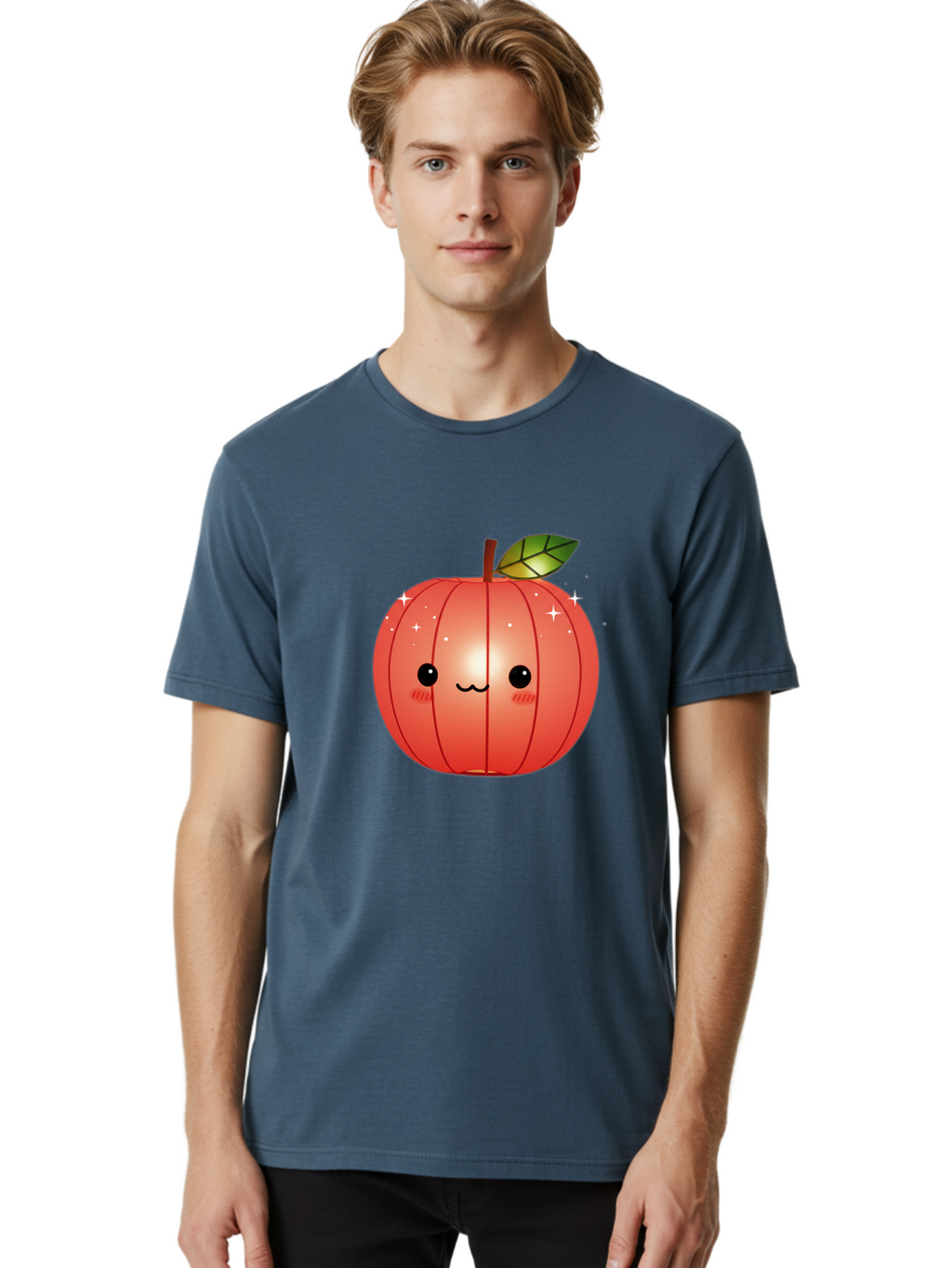 Cute-Apple Men'S Graphic Tee, 100% Cotton, Comfortable Casual Summer Wear, Machine Washable, Peach Fruit, Kawaii Character, Cartoon Style, Cute Face, Smiley Expression, Blushing Cheeks, Sparkles, Sweet Charm, Adorable Design Bac959