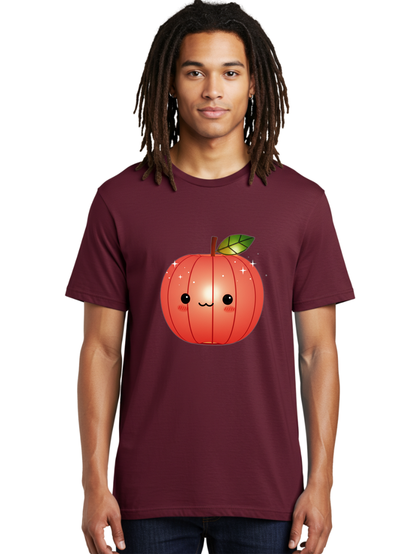 Cute-Apple Men'S Graphic Tee, 100% Cotton, Comfortable Casual Summer Wear, Machine Washable, Peach Fruit, Kawaii Character, Cartoon Style, Cute Face, Smiley Expression, Blushing Cheeks, Sparkles, Sweet Charm, Adorable Design Bac959