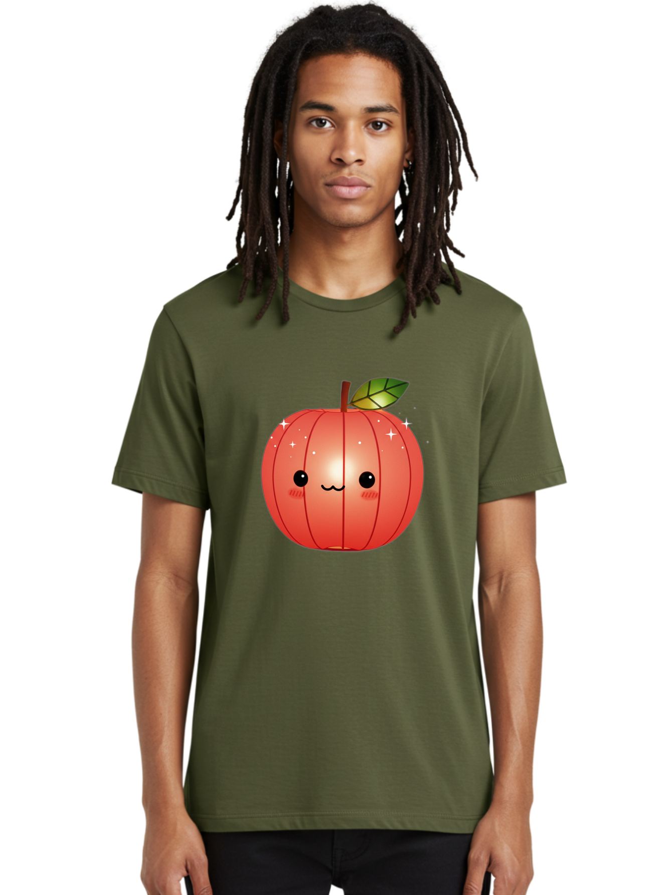 Cute-Apple Men'S Graphic Tee, 100% Cotton, Comfortable Casual Summer Wear, Machine Washable, Peach Fruit, Kawaii Character, Cartoon Style, Cute Face, Smiley Expression, Blushing Cheeks, Sparkles, Sweet Charm, Adorable Design Bac959